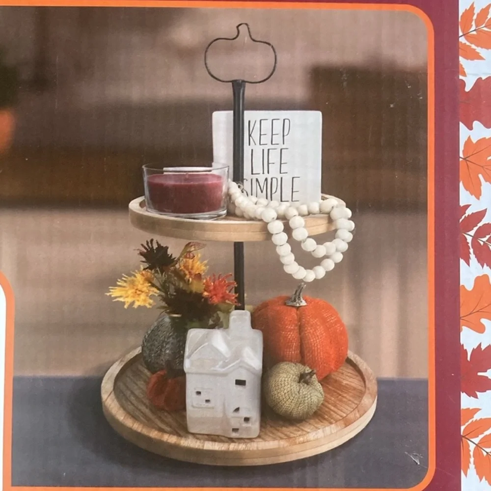 BNIB- Beautiful Decorative Two Tier Wooden Tray w/ Metal Pumpkin Topper